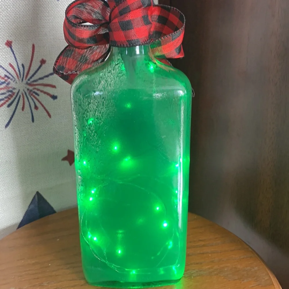 Hand Crafted Painted Green Bottle Lantern with Fish hook, Deer Design